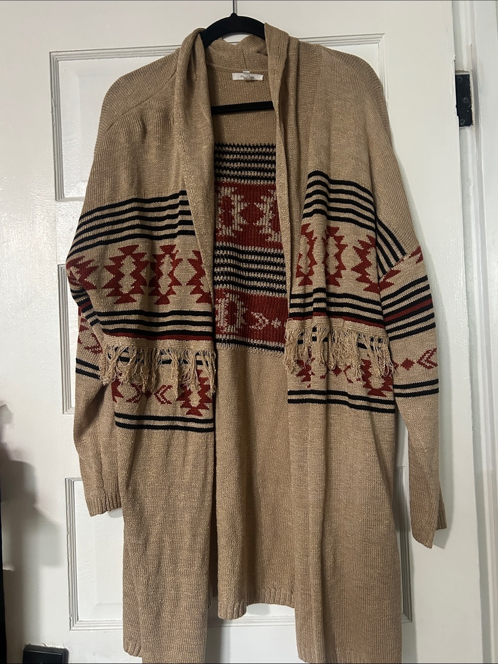 Maurices Beige Cardigan with Red Aztec Pattern and Fringe